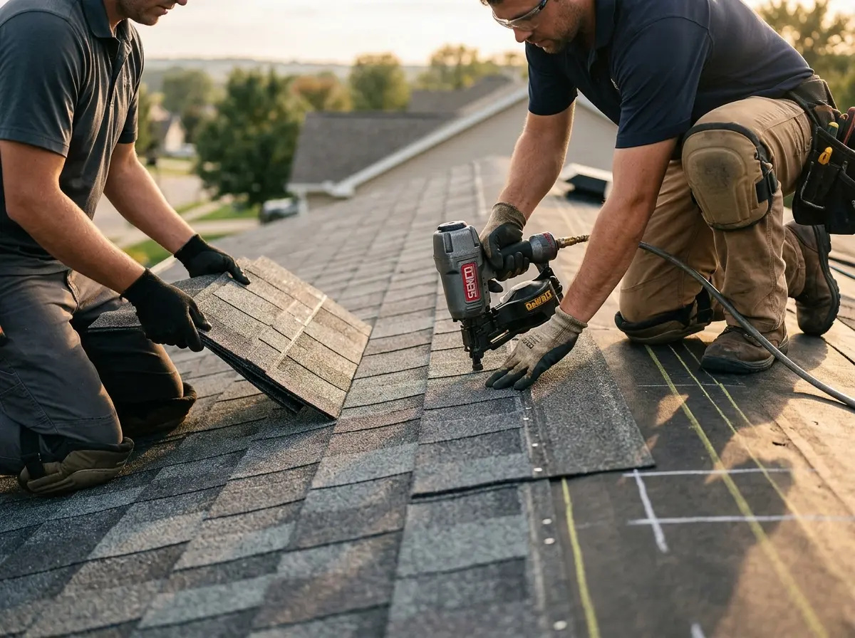 Professional roofer working on a residential roof in Pepperell
